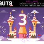 **Available for 5 Days only** EXCLUSIVE Guts Bonus Code to unlock a 300% Bonus up to €/$300 + 10 Jimi Hendrix free spins